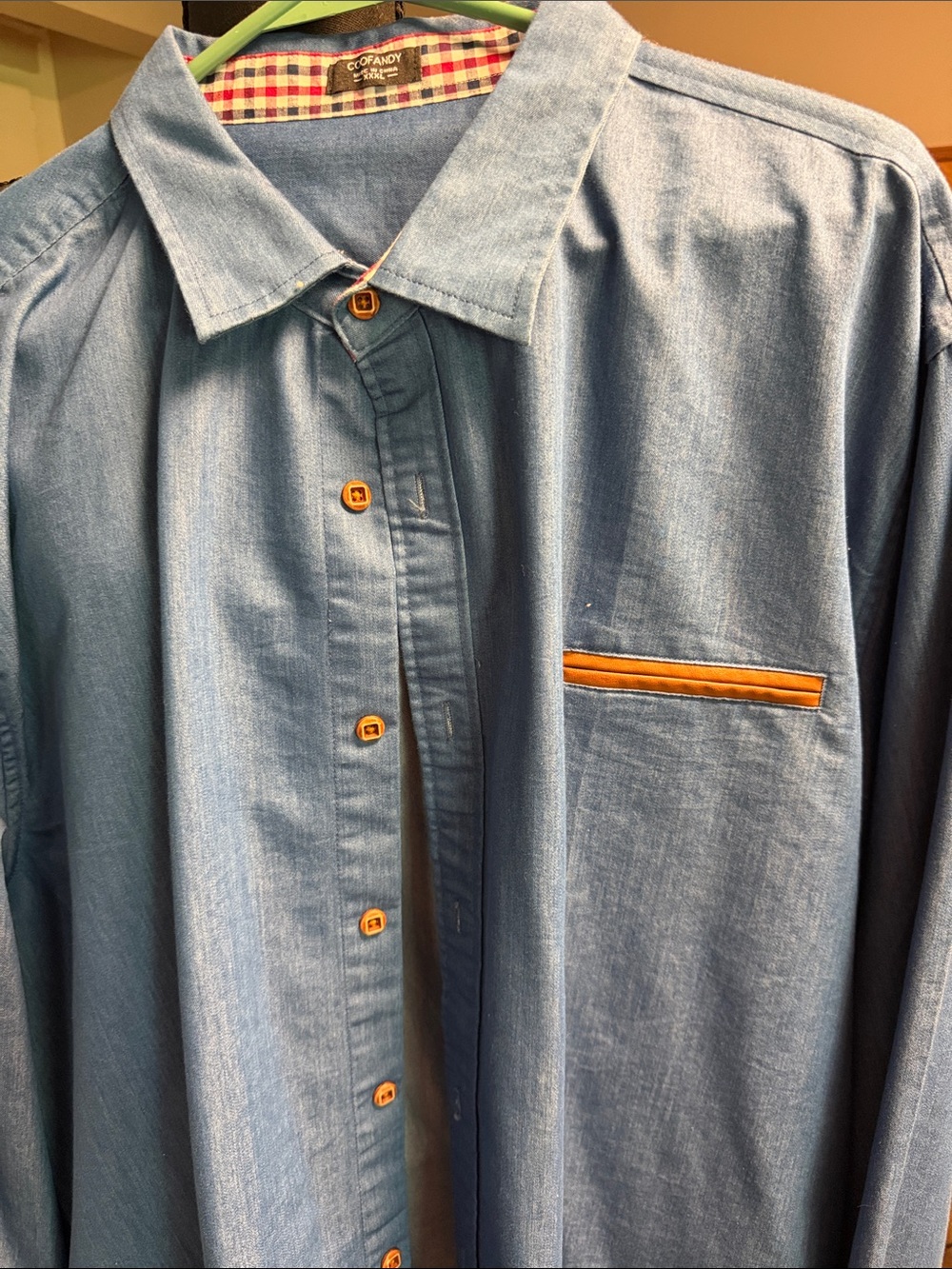 Men's Light Blue Denim-Style Button Down Shirt with Faux Leather Trim